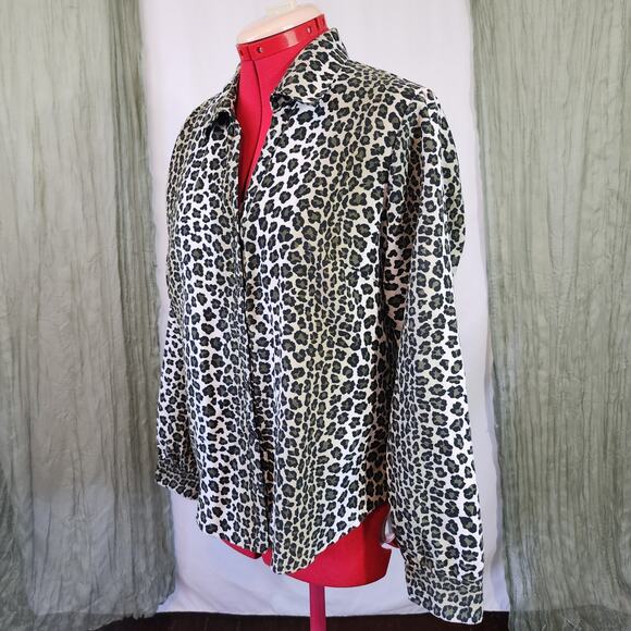 Harmony & Vine Brown and Green Animal Print Button Up Long Sleeve Blouse Size L - Picture 2 of 5